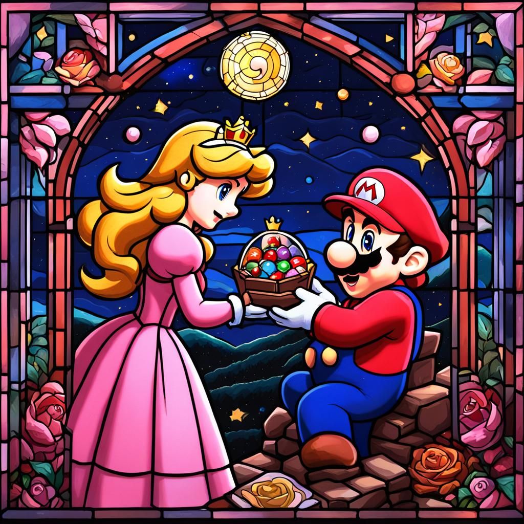Mario and Peach: Gouache Painting Through Stained Glass