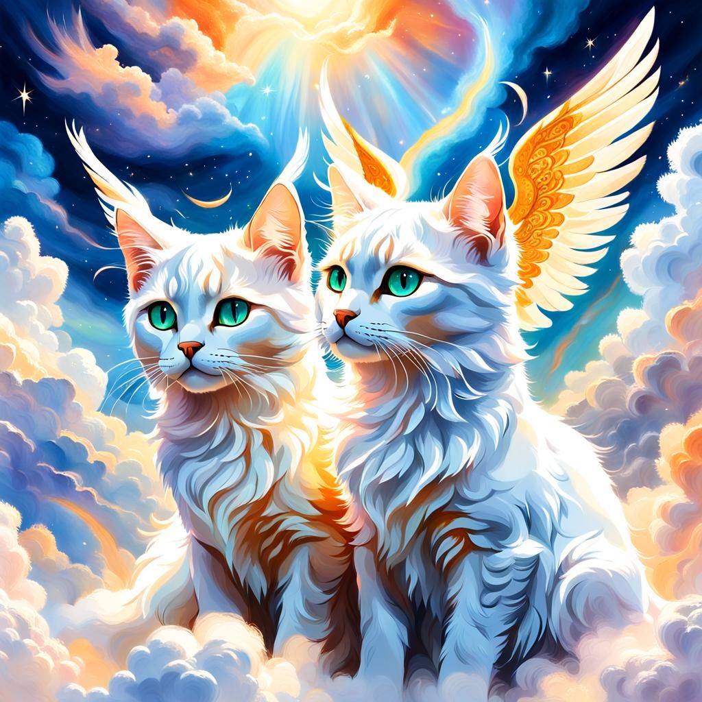 Angelic Twin Cats in Celestial Clouds