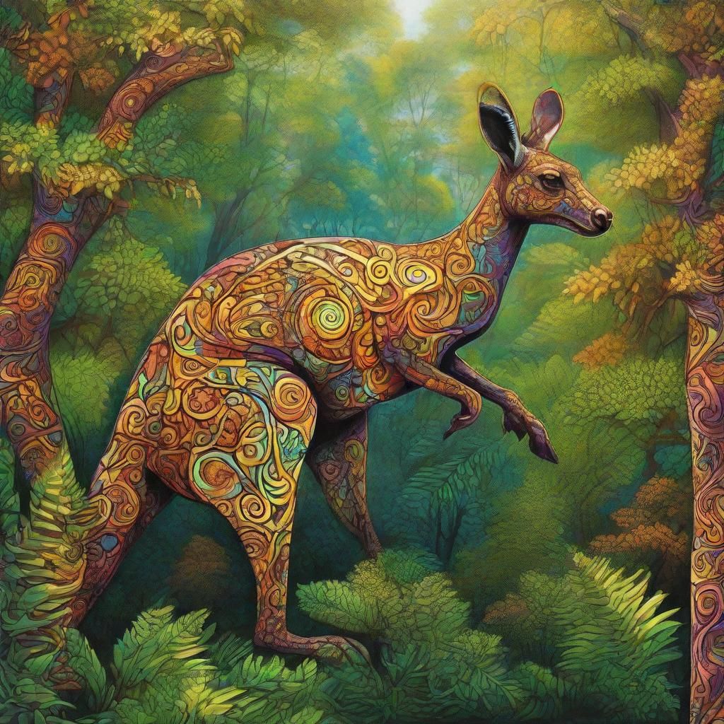 Fractal Kangaroo with Boomerang in Escher Style