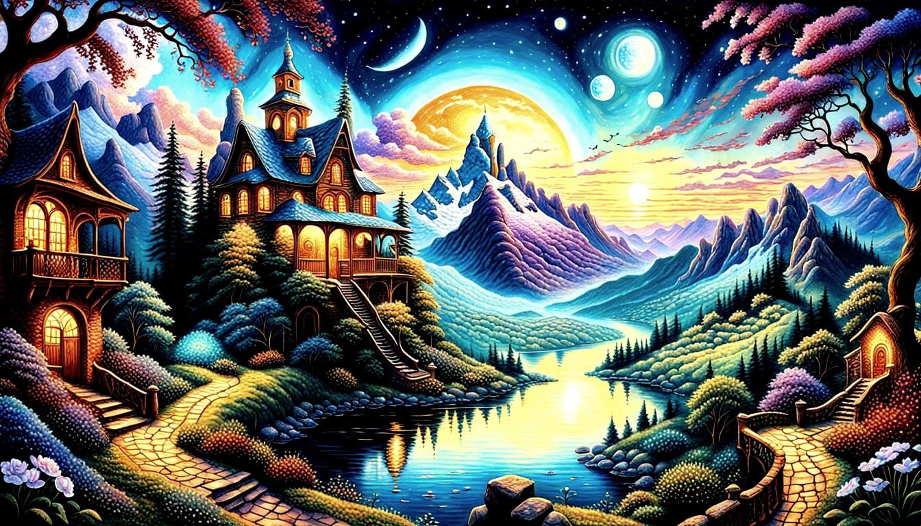 Idyllic Moonlit Village Inspired by Visionary Art