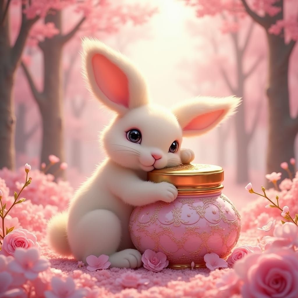 Rabbit Hugs Cream Jar in Pink Anime Forest