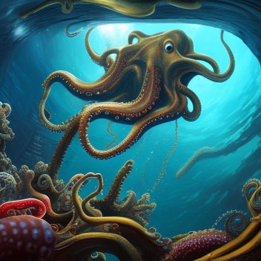 Underwater Shipwreck Scene with Giant Octopus