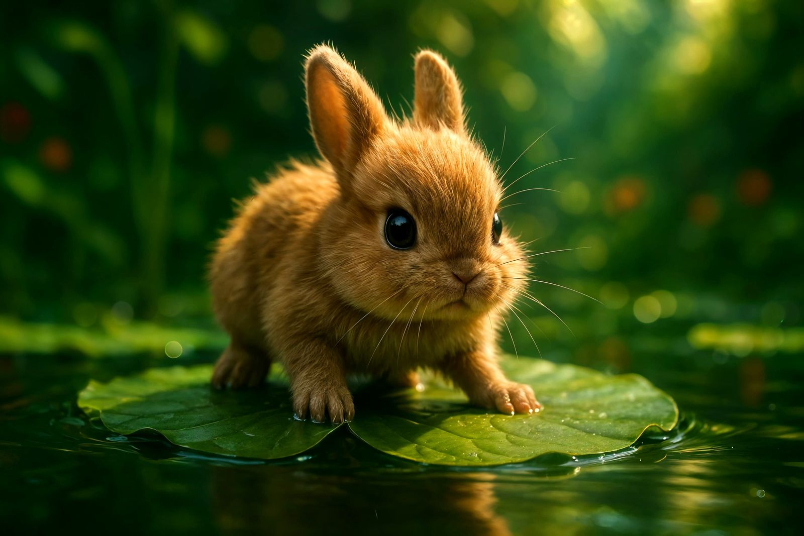 Fluffy Bunny's Lily Pad Journey in Summer Garden