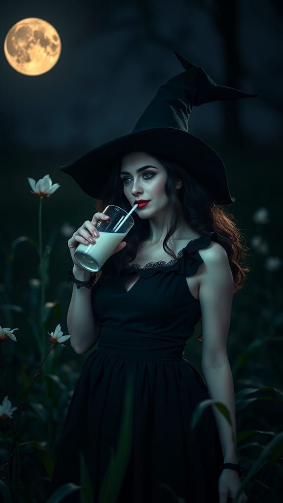 Mysterious Witch Sips Milk Under Moonlight
