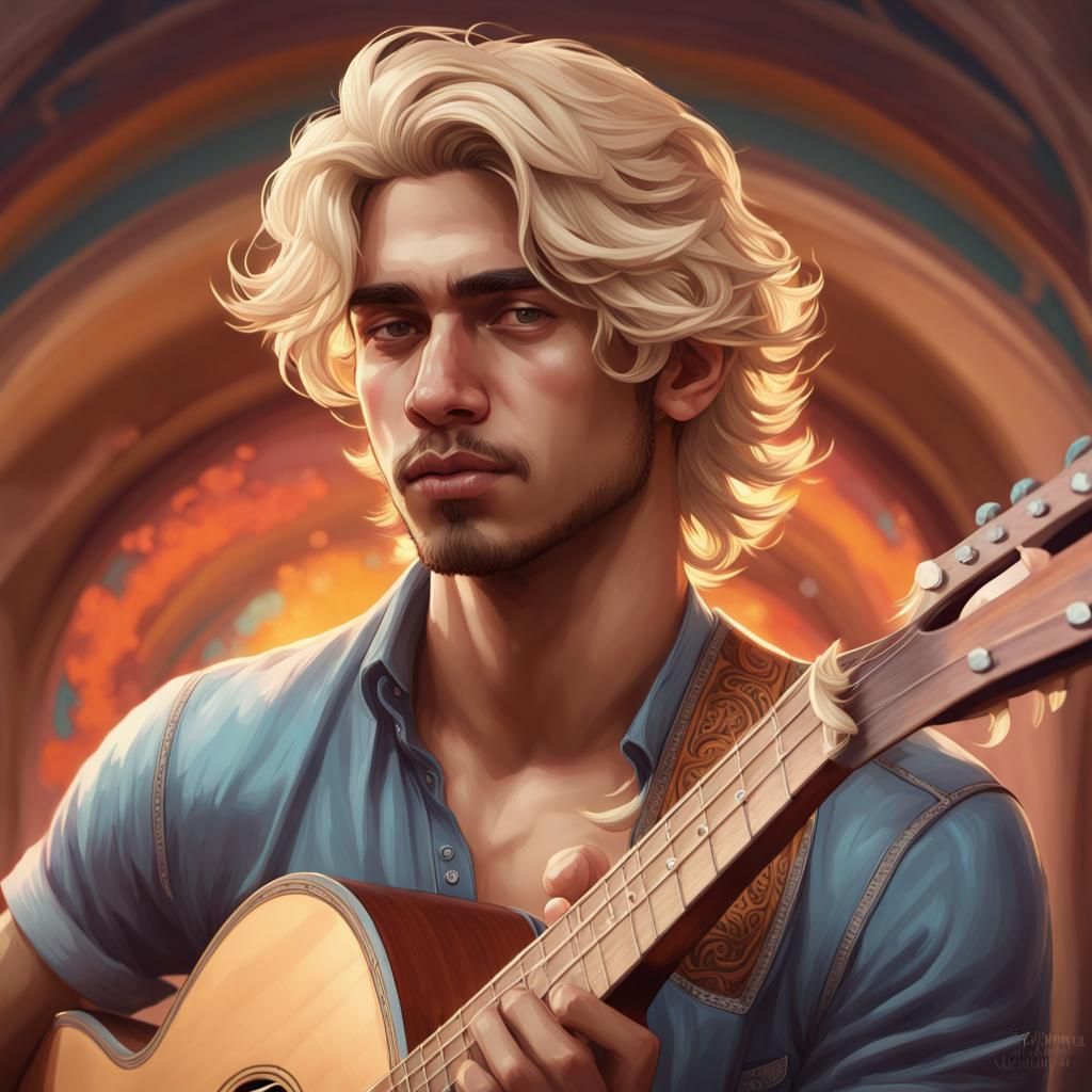 Blond Hispanic Man with Guitar: Digital Art Portrait