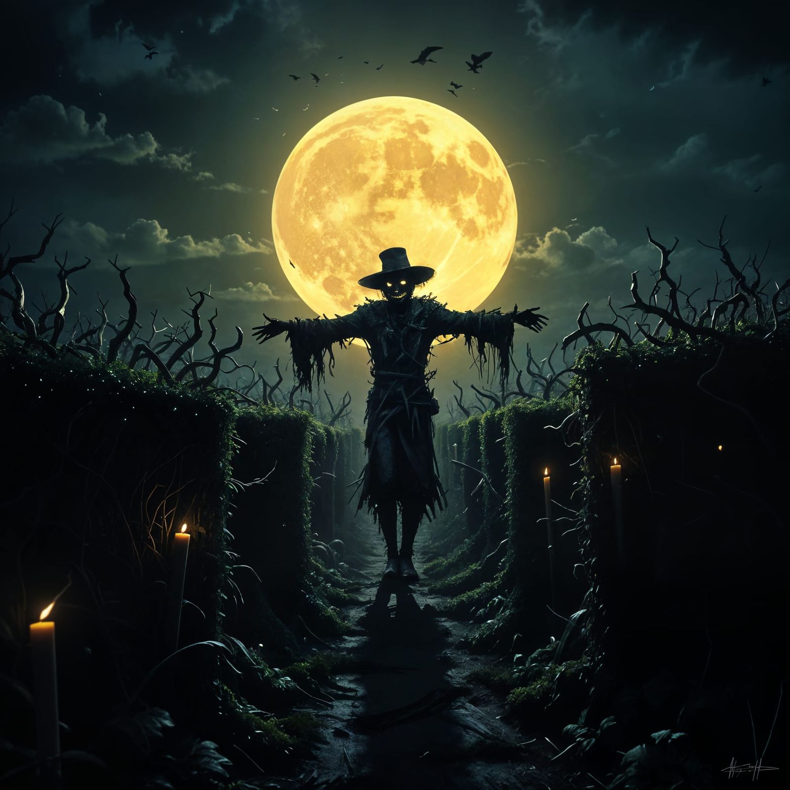 Eerie Scarecrow in Moonlit Hedge Maze