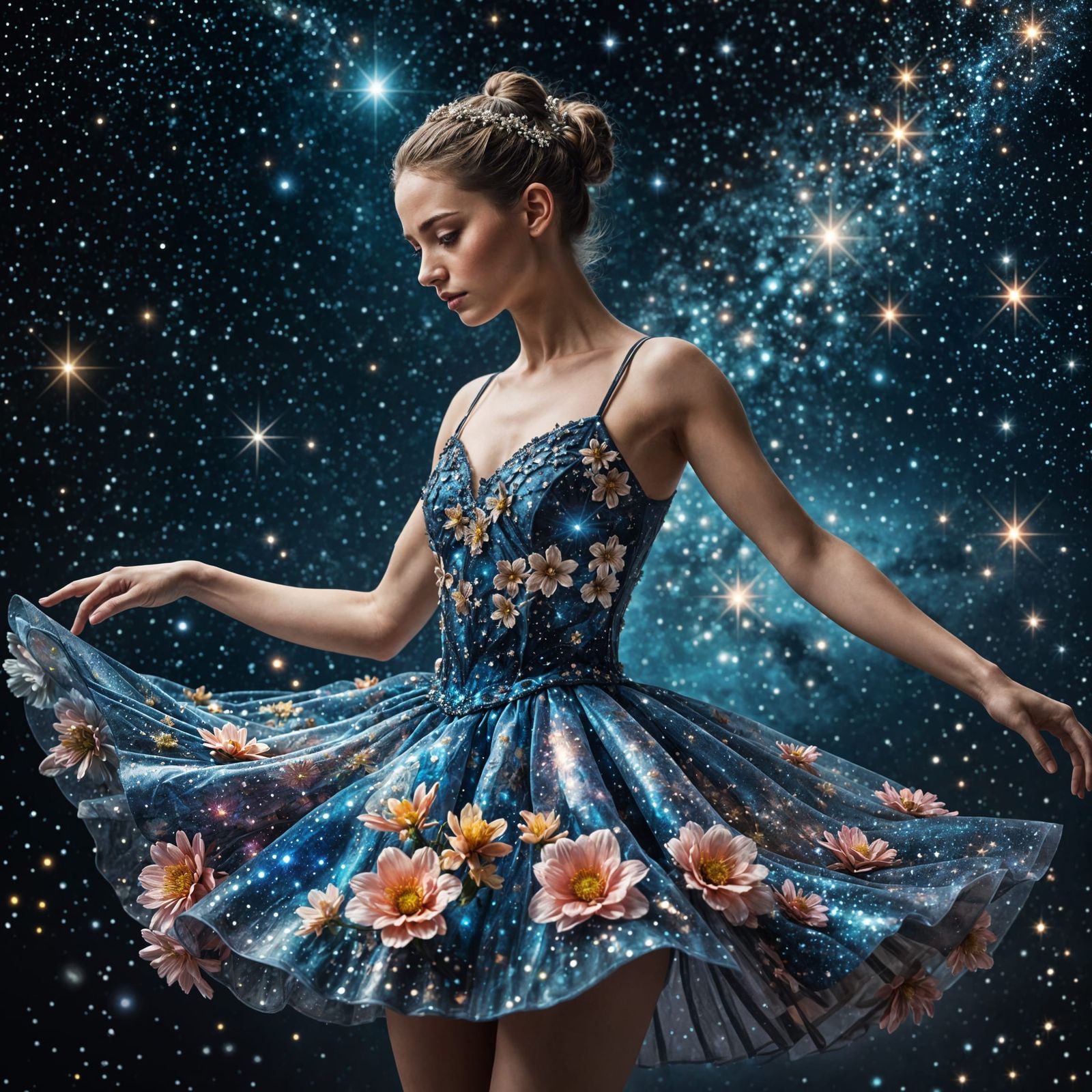 Ballerina in Space with Sparkling Flower Dress