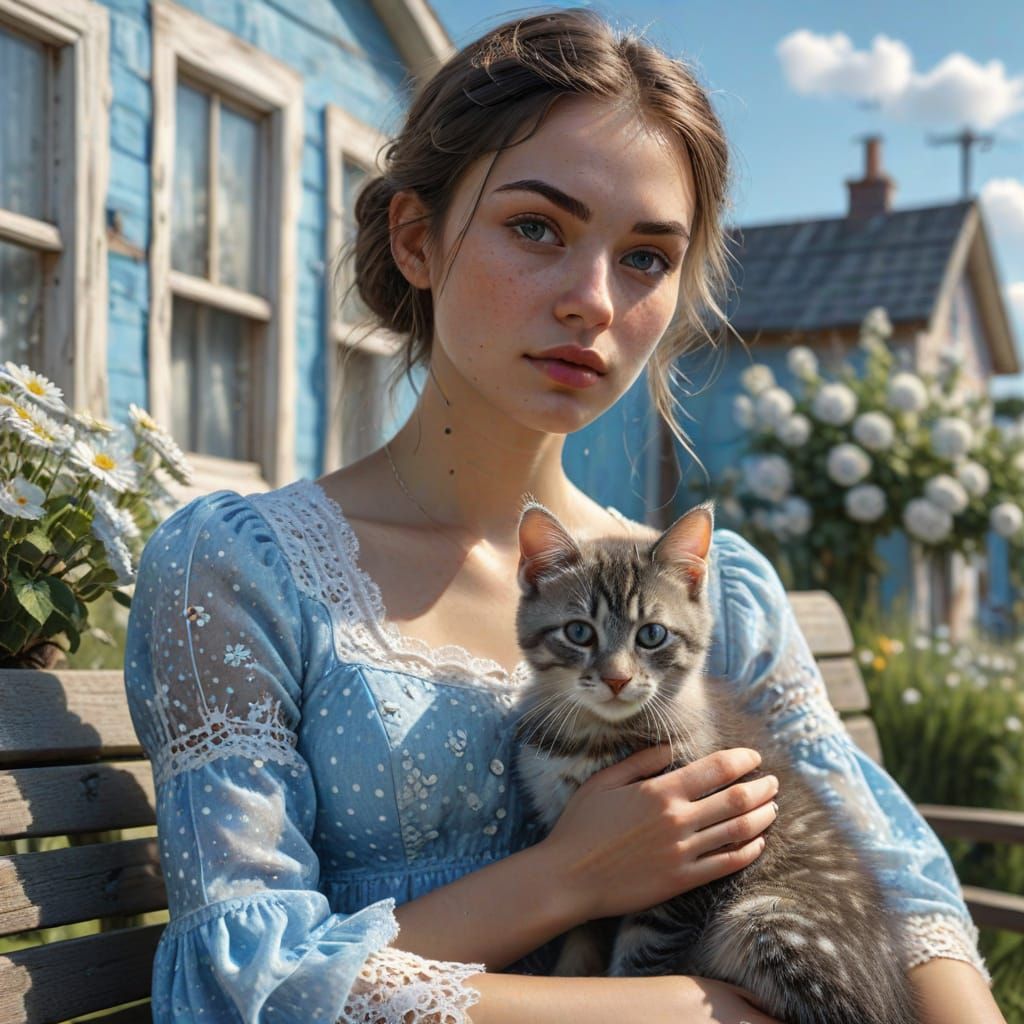 Girl with Kitten in Polka Dot Dress, Hyperrealistic Art