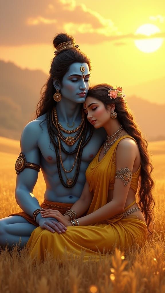 Lord Shiva and Goddess Parvati in Golden Sunset Glory