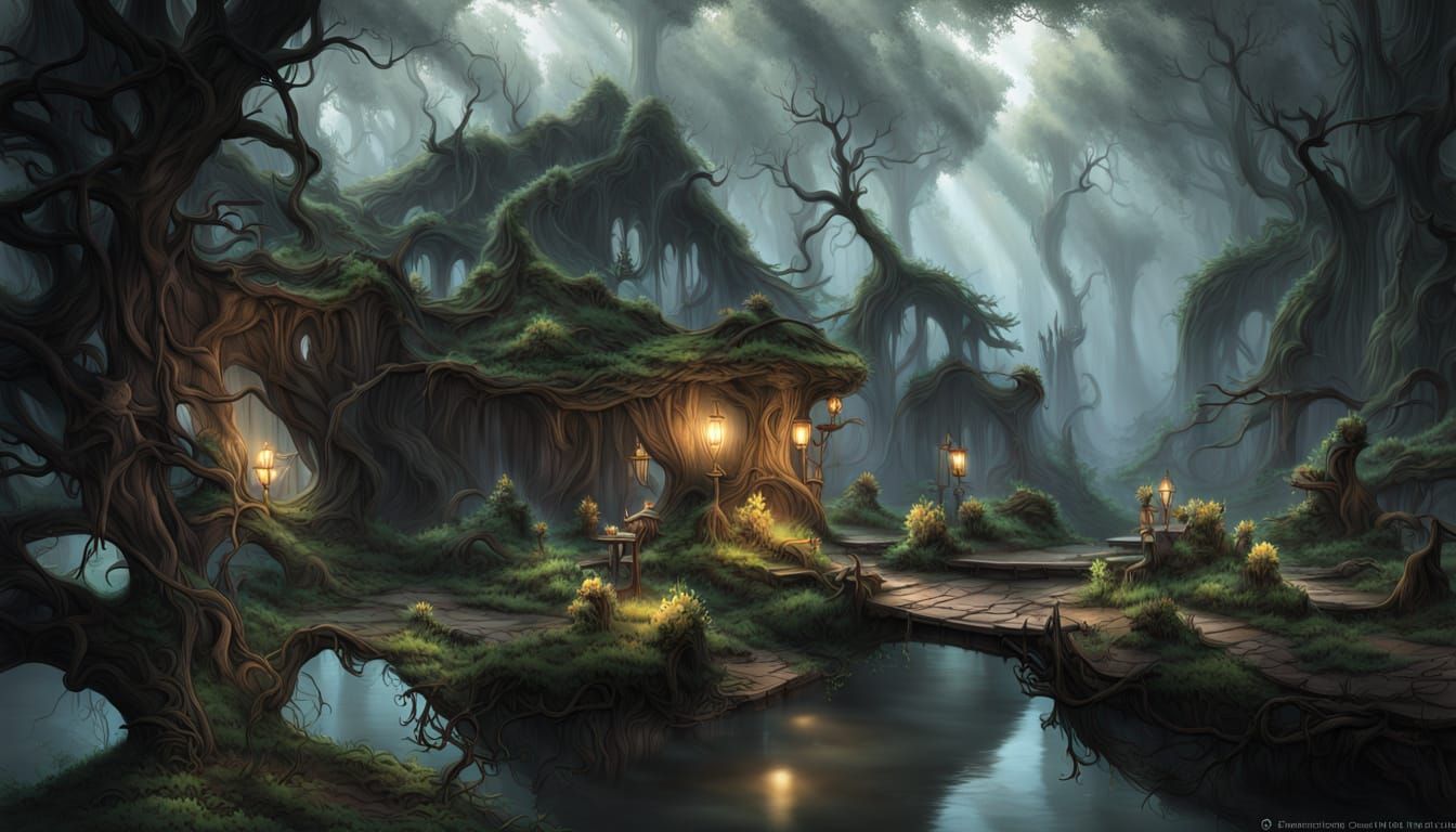Ancient Bioluminescent Village in Mystical Swamp