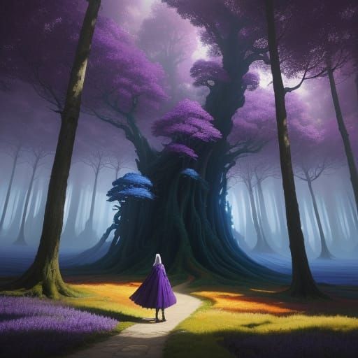 Woman in Whimsical Surreal Landscape, Vibrant Oil Painting