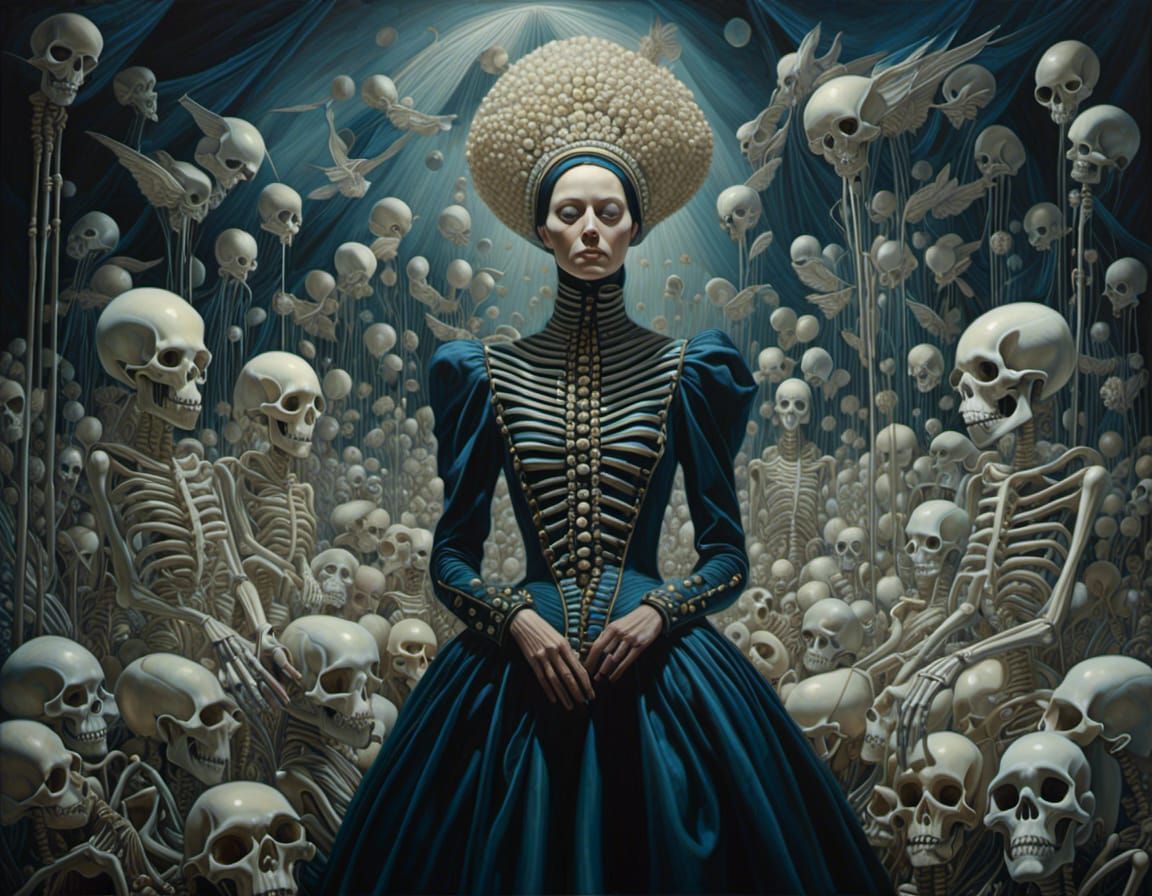 Eerie Apparition of Woman and Skeletons in Hyperrealism