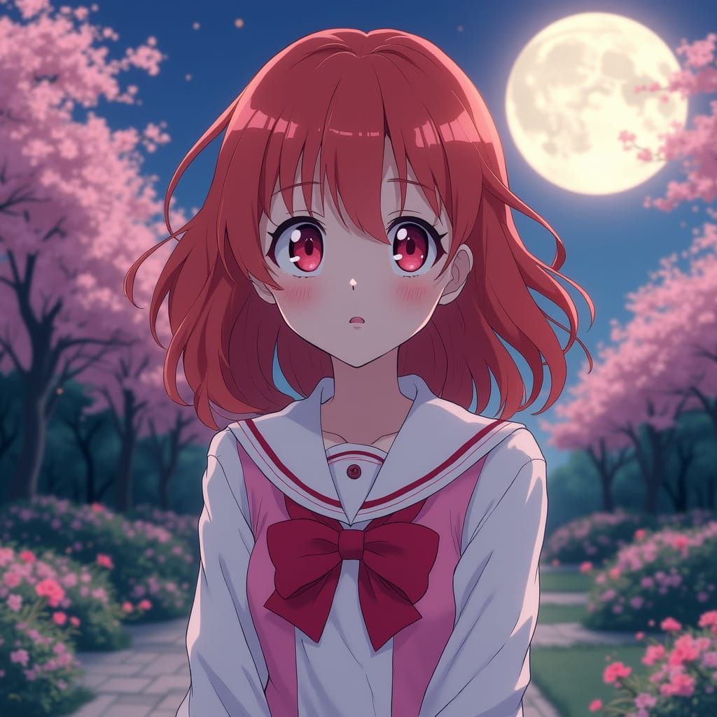 Fiery Red Haired Anime Girl in Moonlit Garden