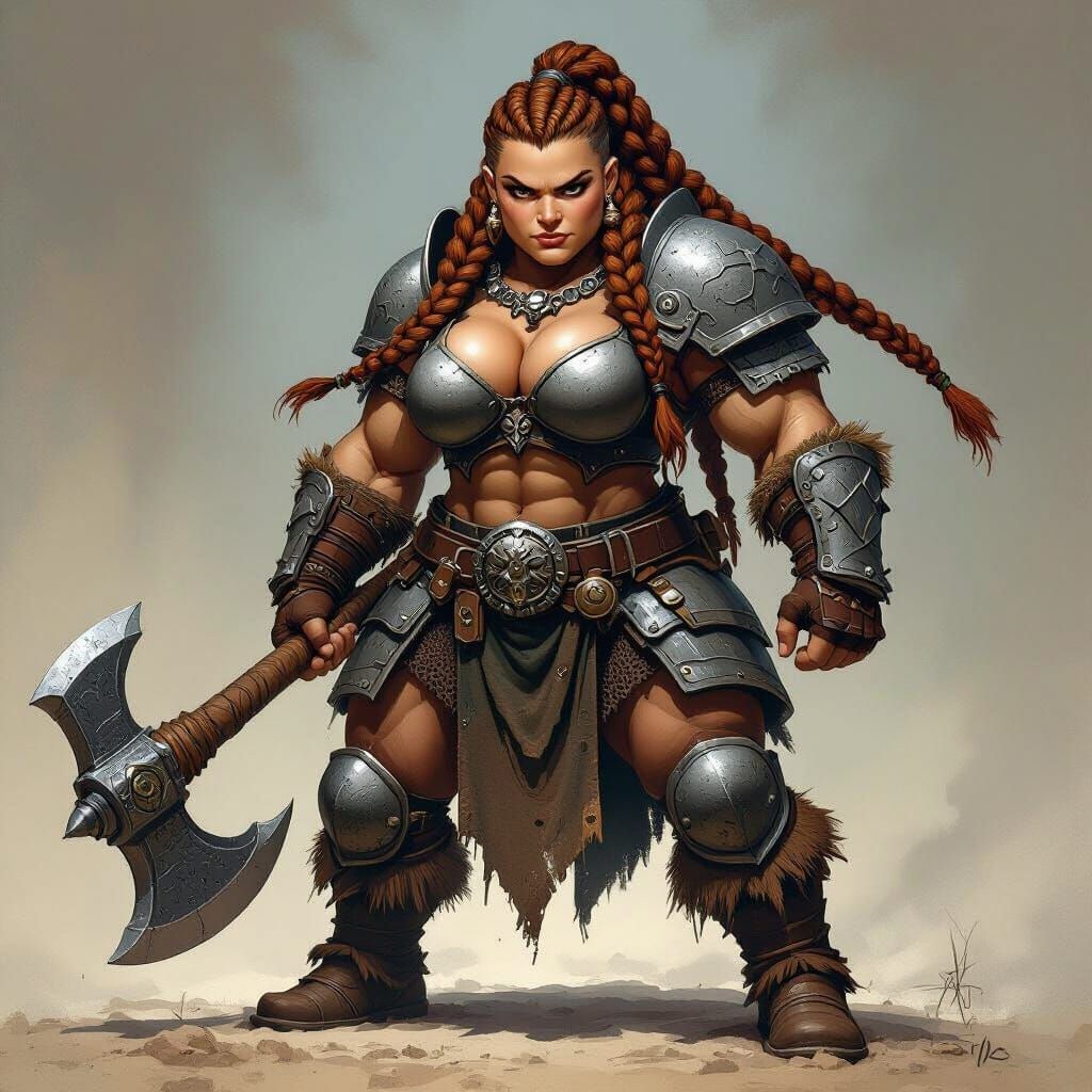 Female Dwarf Warrior with Greataxe in Dark Fantasy Style