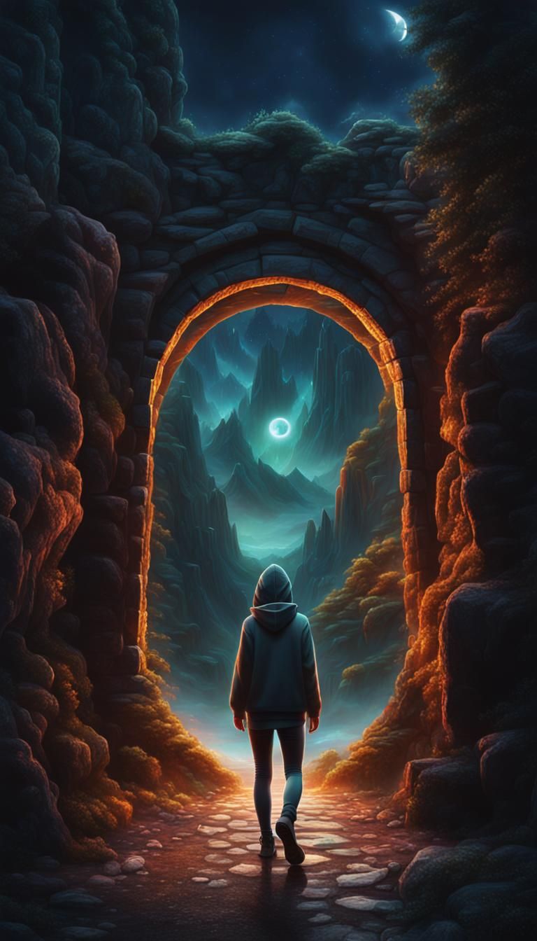 Hooded Girl Gazing Through Holographic Portal