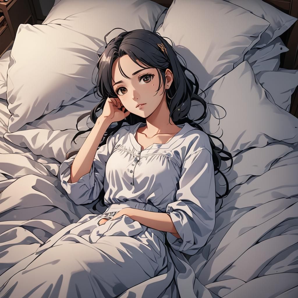 Anime Girl Lying in Bed: Cel-Shaded Manga Art
