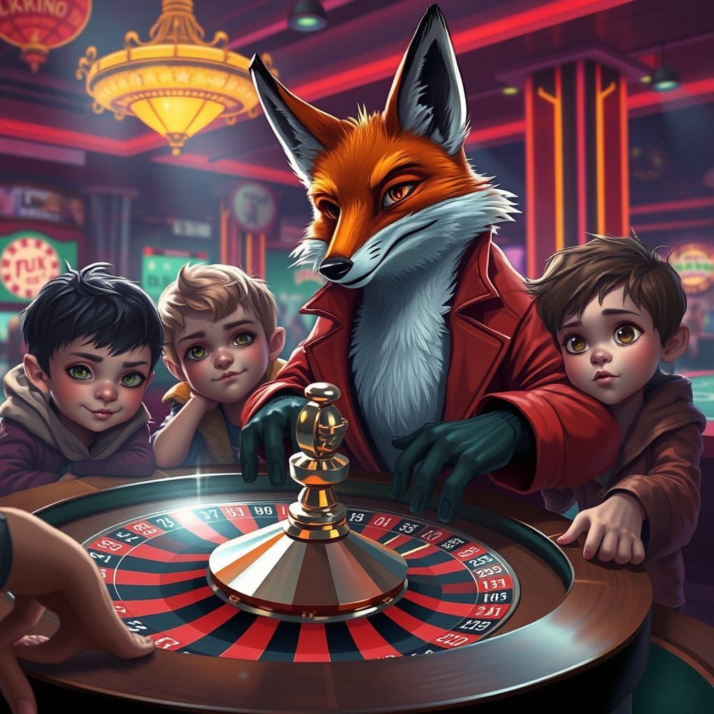 Fox Spins Roulette Wheel in Whimsical Casino Scene