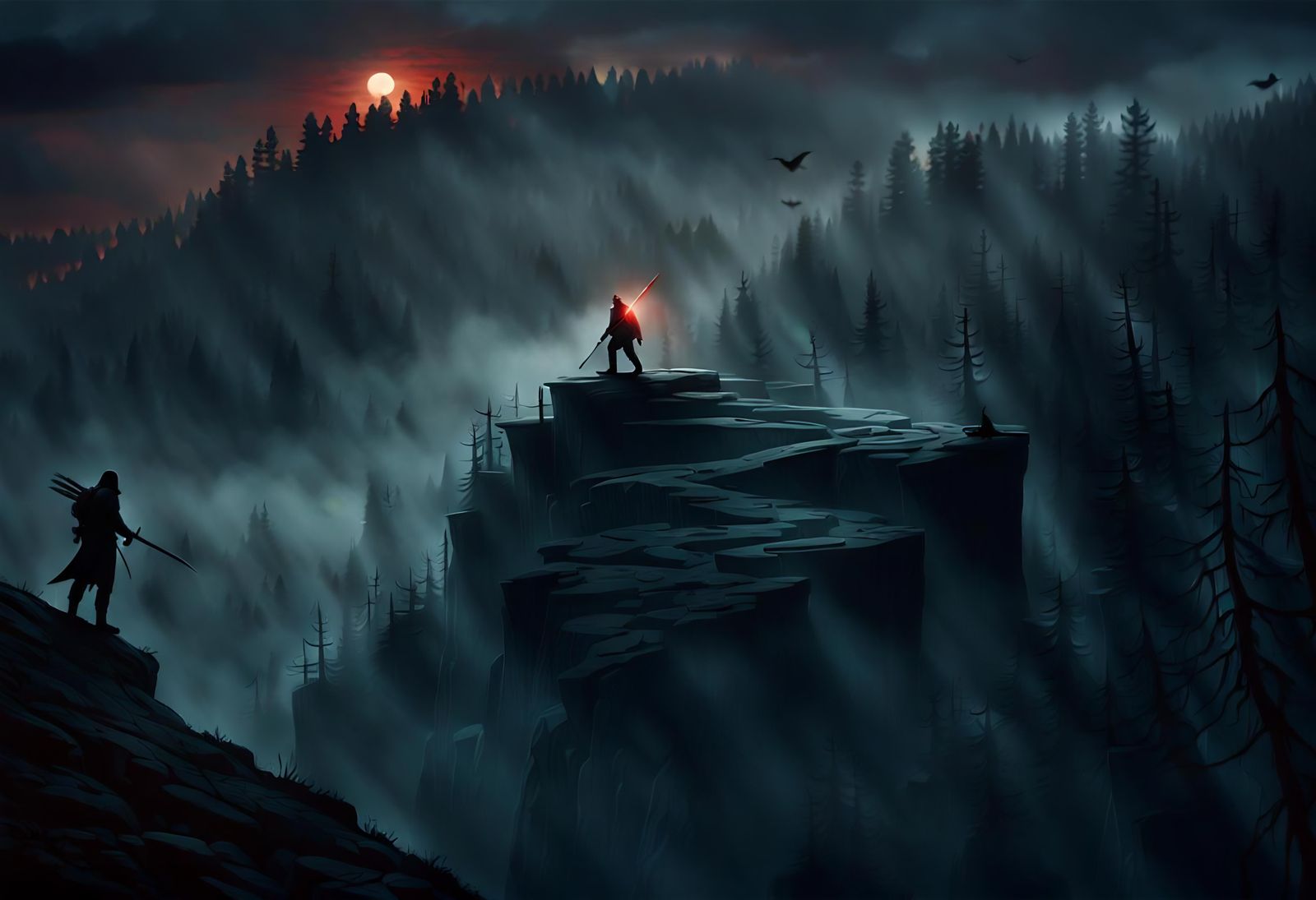 Warrior on Cliff Edge Overlooking Dark Forest