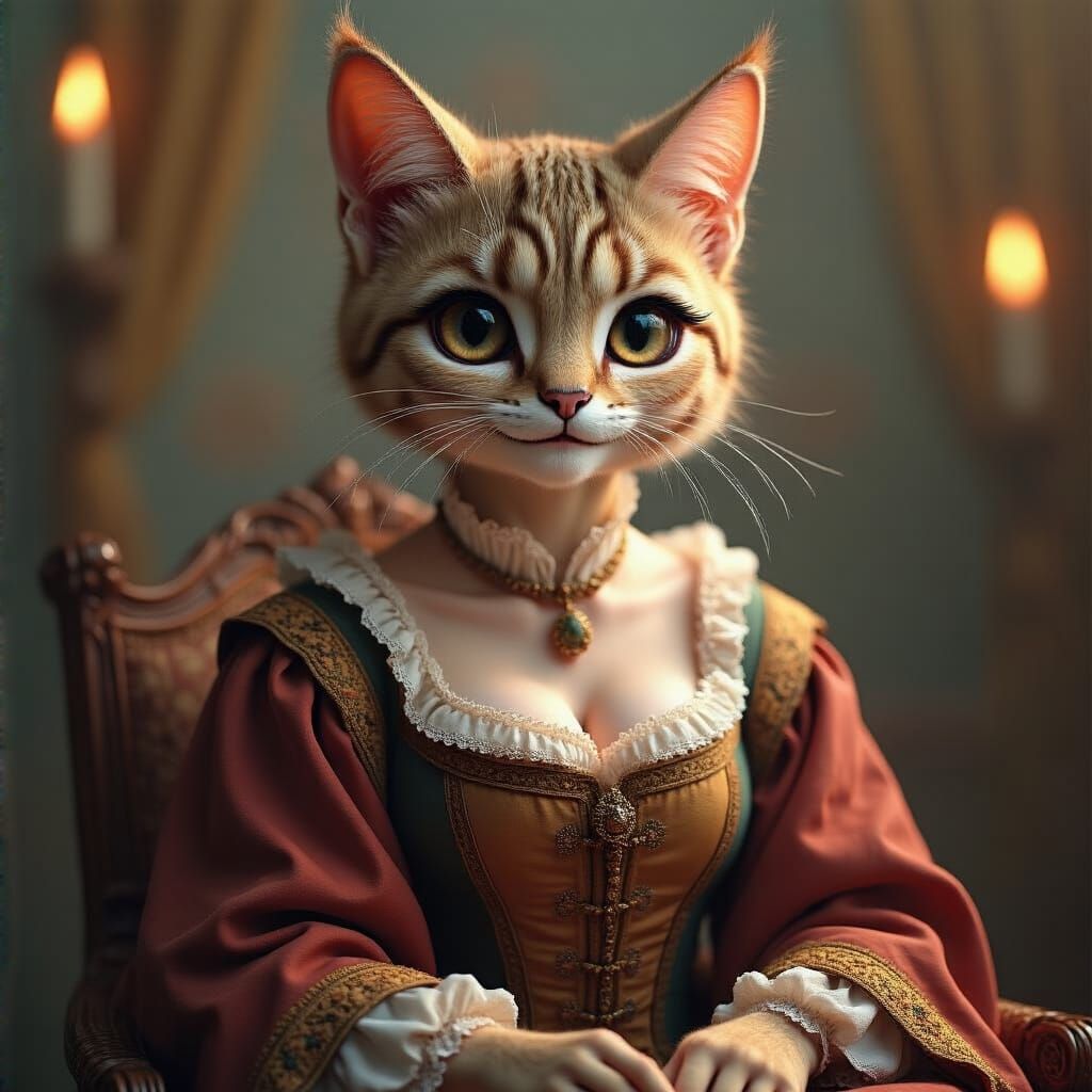 Renaissance Cat-Woman Portrait in Hyperrealistic Style