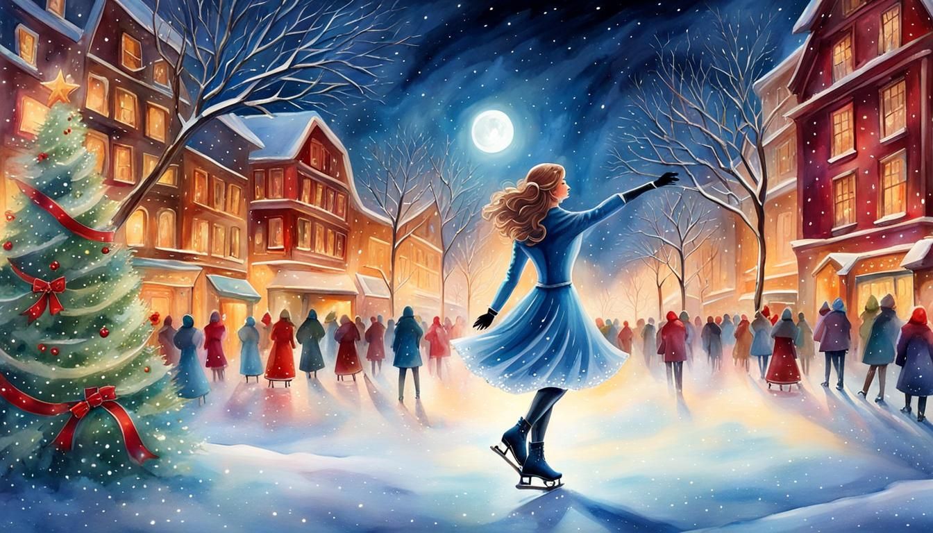 Ice Skating Woman in Watercolor Poster Art