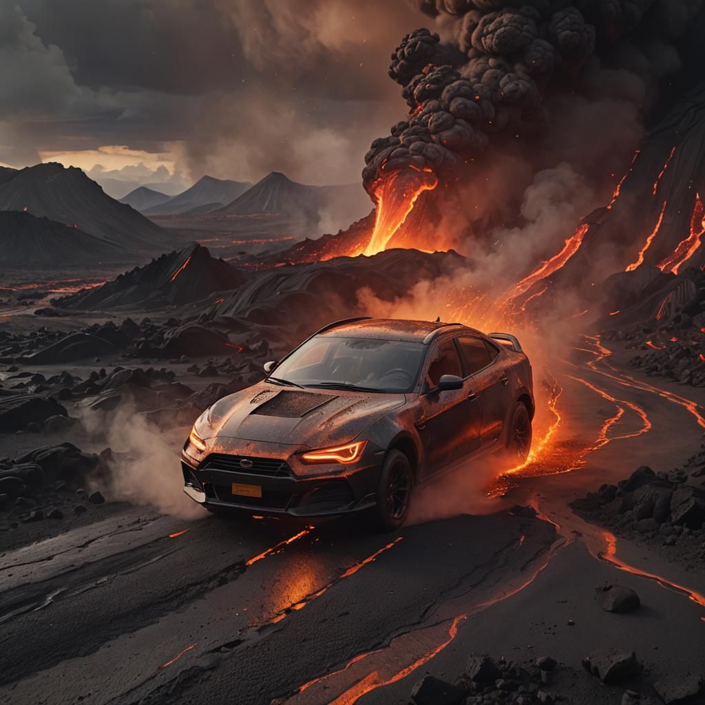 A sleek car with a body made entirely of molten, glowing lav...
