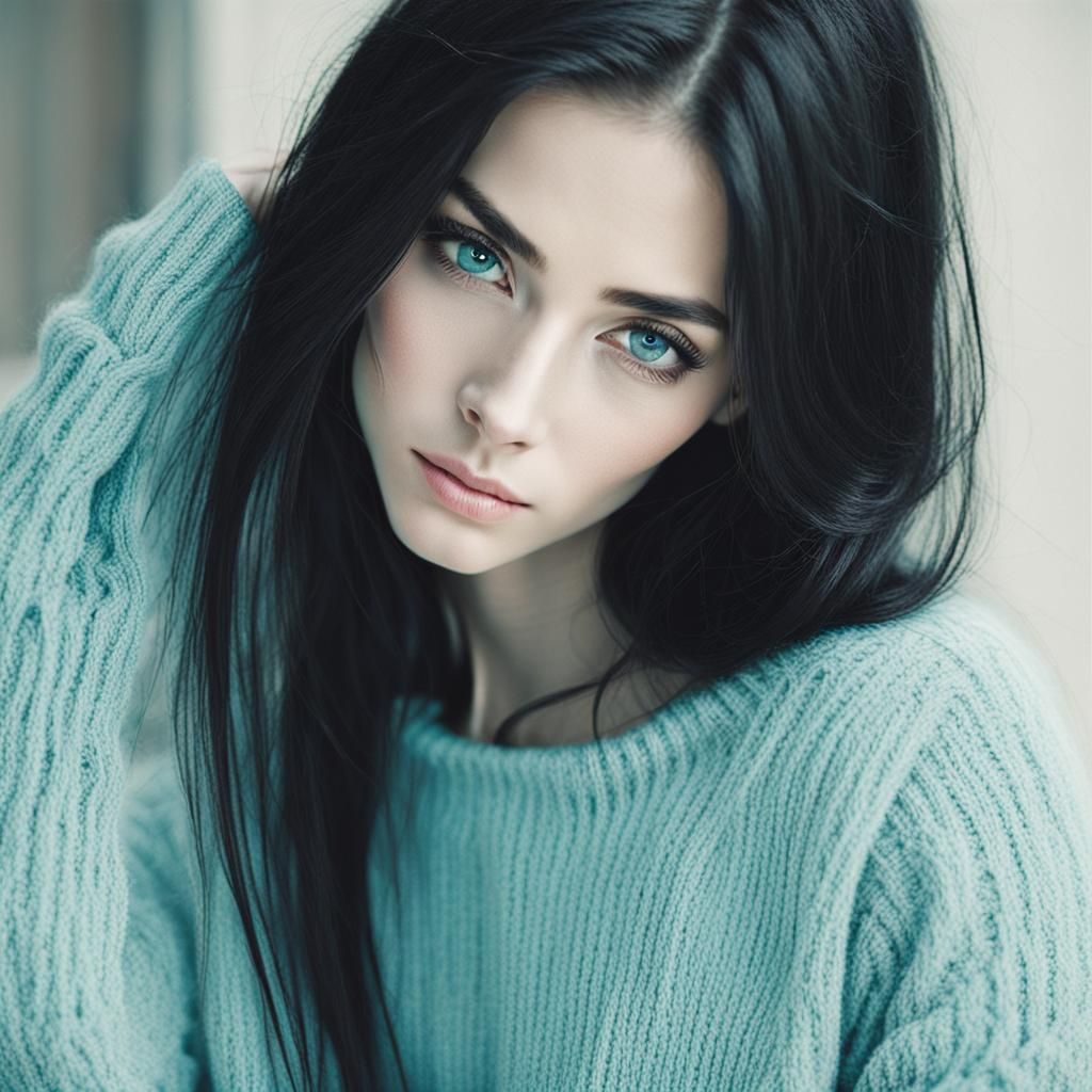 Portrait of a Woman with Black Hair and Blue Eyes
