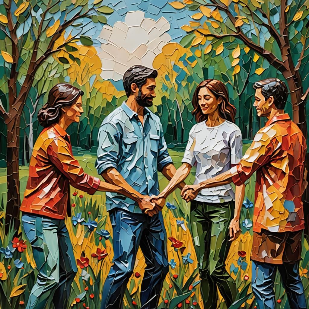 Diverse Friends United: An Impasto Painting with Rich Textur...