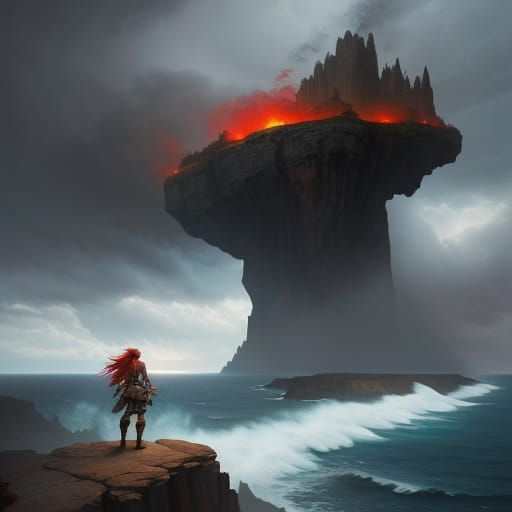 Fantasy Warrior Goddess on Cliff Overlooking Stormy Ocean
