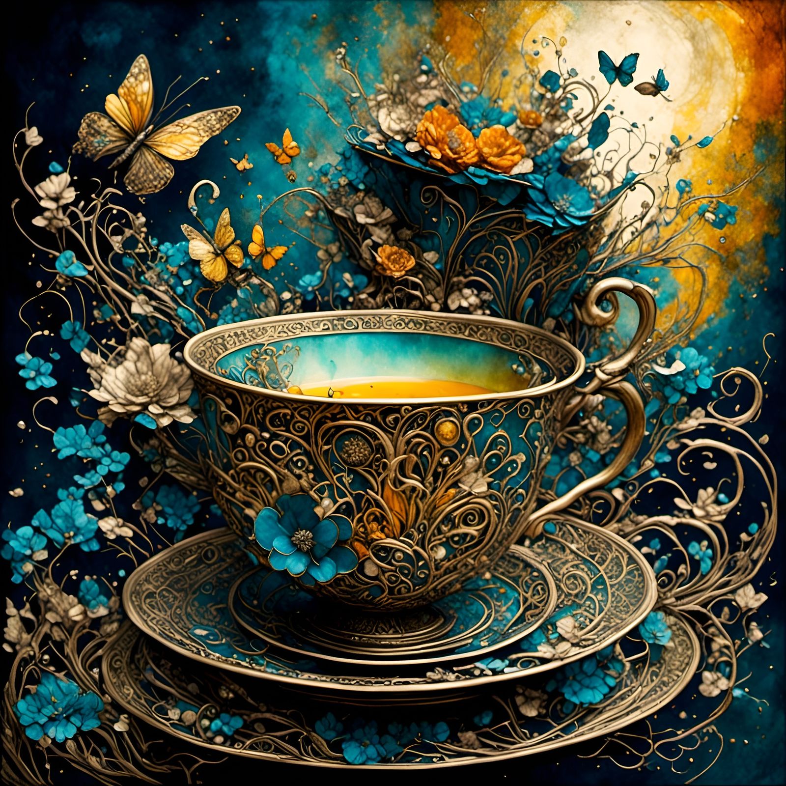 Enchanted Teacups and Teapots in Mixed Media Collage