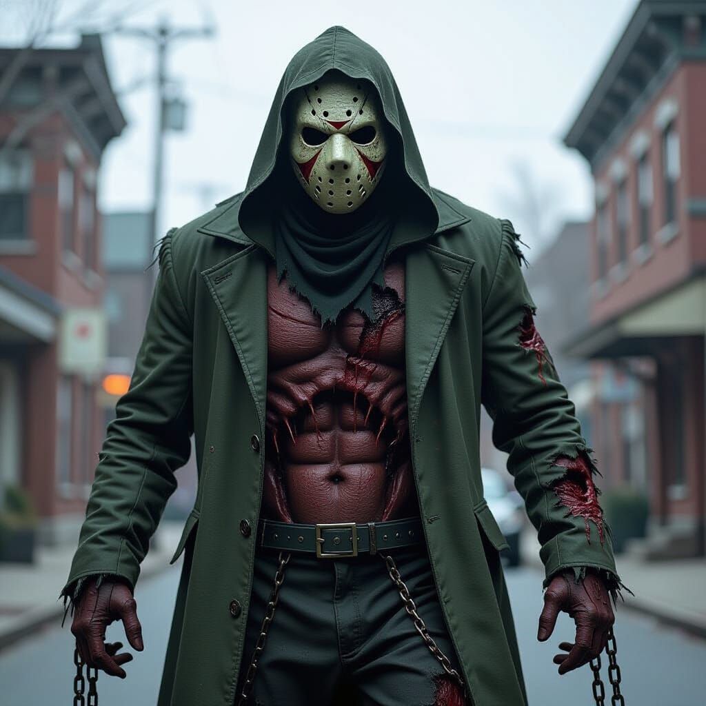 Slasher X: Hulking Figure in Cracked Mask and Spectral Chain...