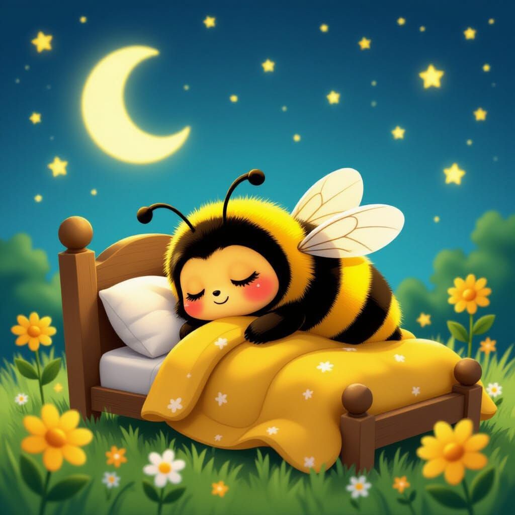 Cute Bee Sleeping in Flower Bed: 3D Digital Art