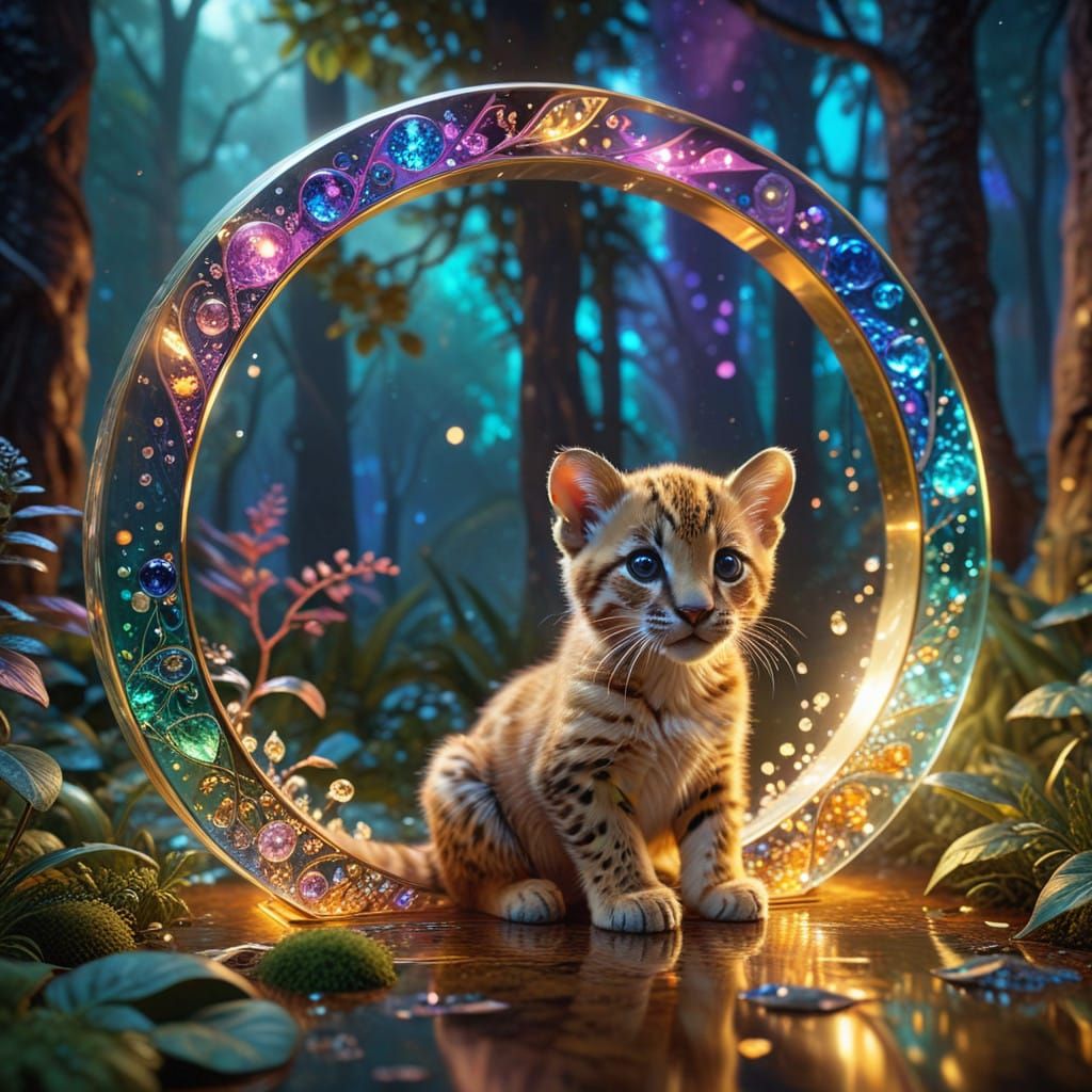 Vibrant Jaguar Kitten in Cosmic Forest with Swirly Fur and G...