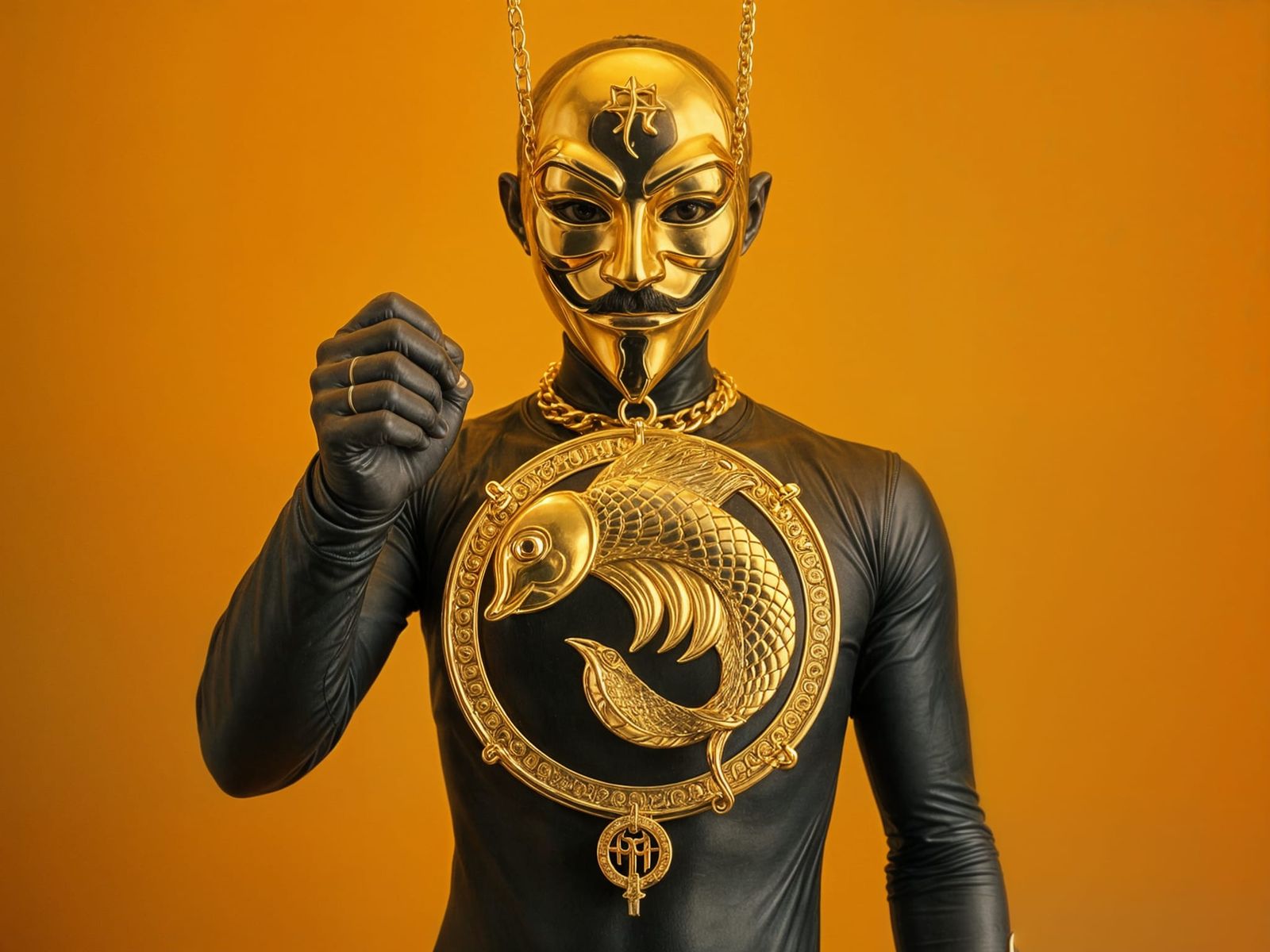 Anonymous Ray showing a bank his big gold Pisces Zodiac 24 K...
