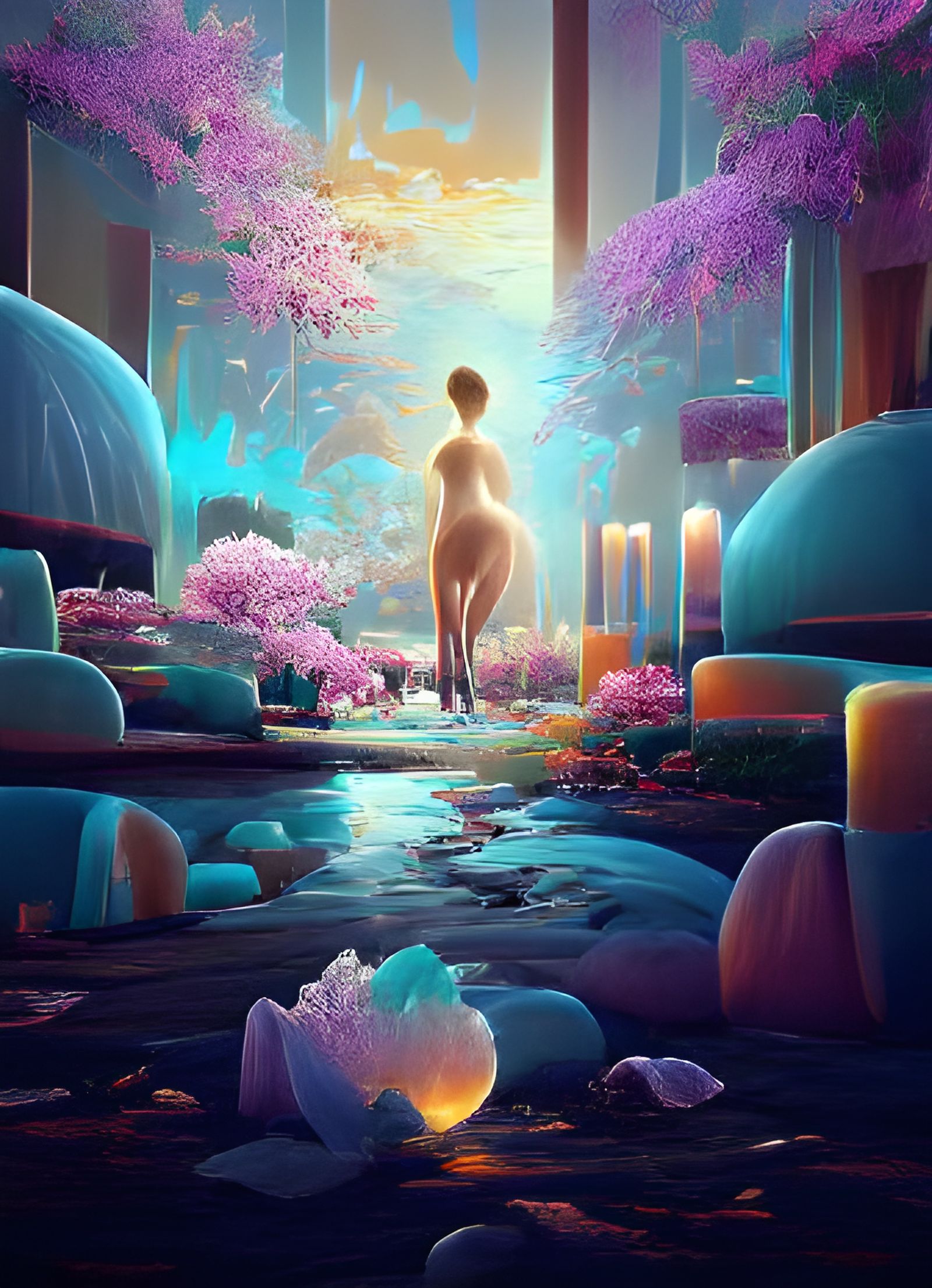 Astral Zen Garden with Cherry Blossoms, Digital Art