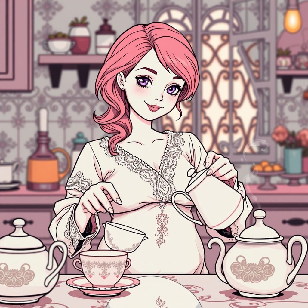 Art Nouveau-Style Woman Pours Tea in a Cozy Black and White ...