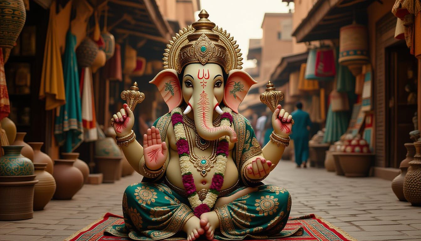 Ganesha in Hermes Silk, Moroccan Market, Cinematic Style
