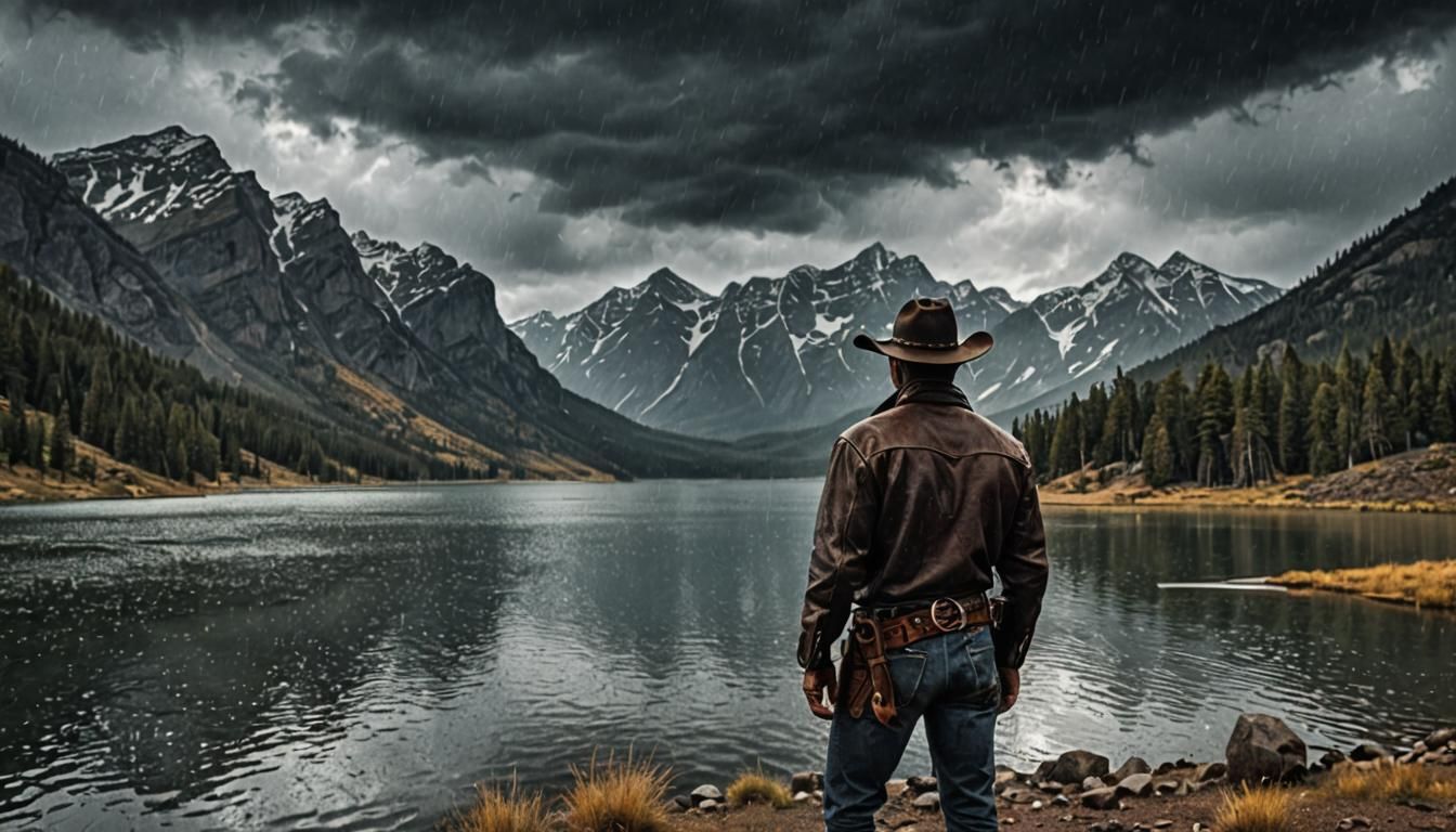 Hyperrealistic Cowboy Gazing at Rainy Lake