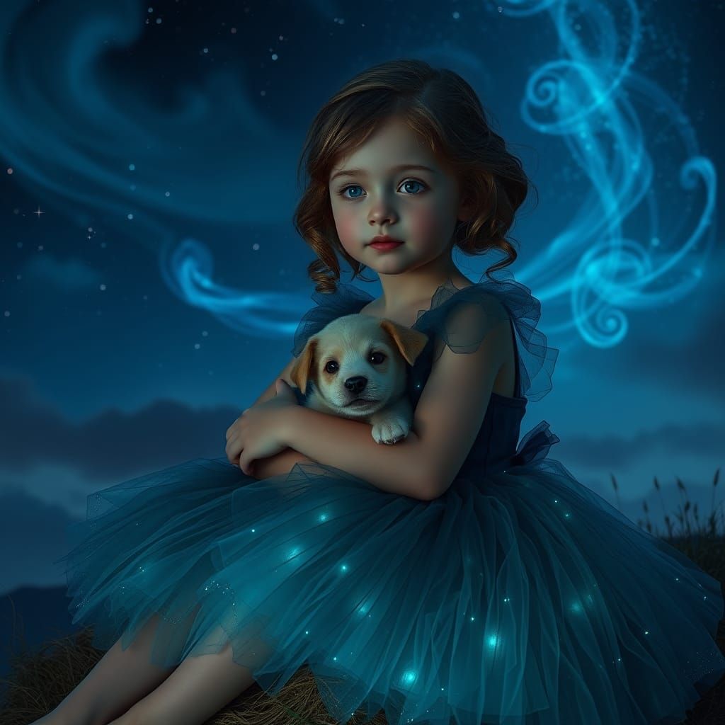 Girl with Puppy Under Bioluminescent Starry Sky