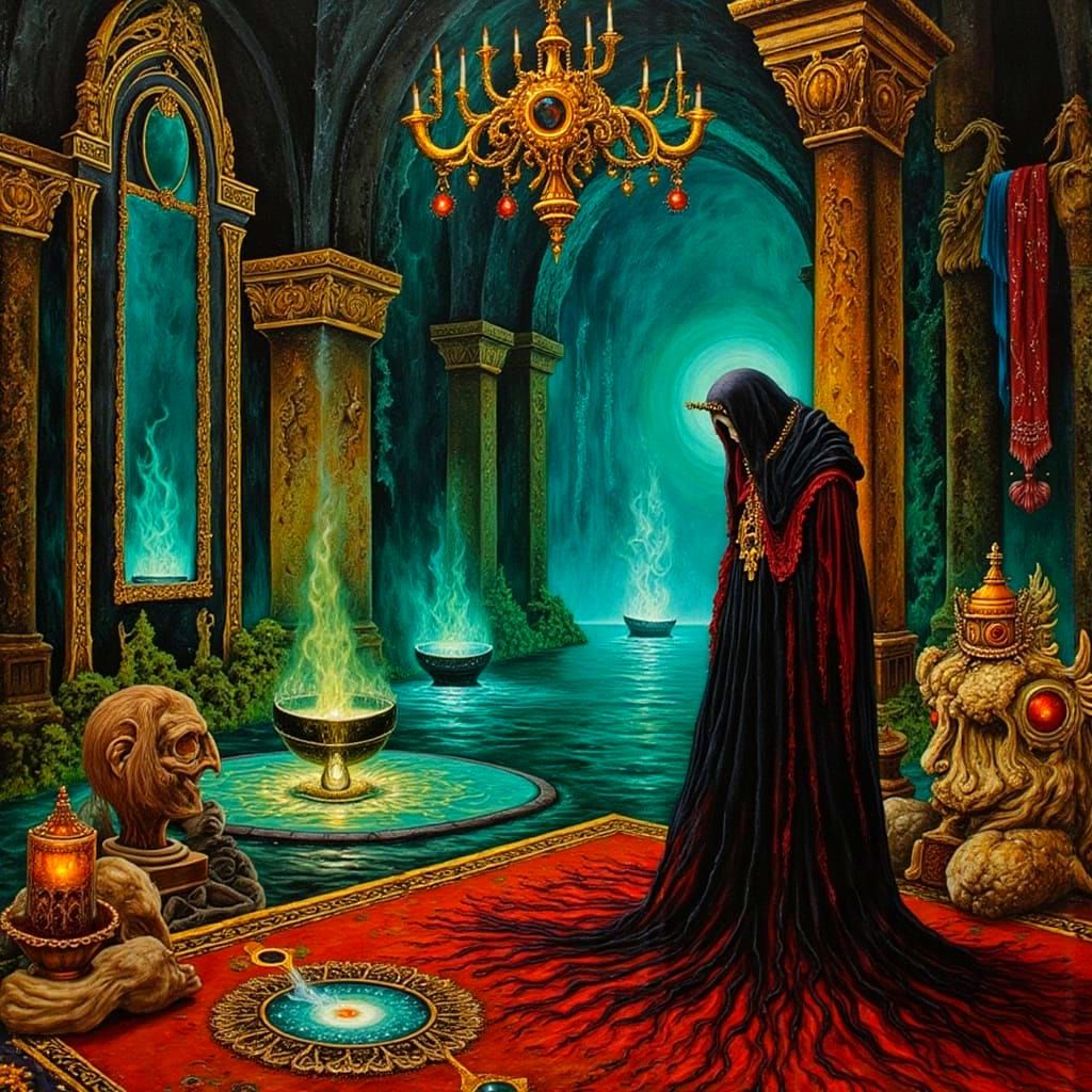 Esoteric Chamber with Altar in Dark Surrealist Style