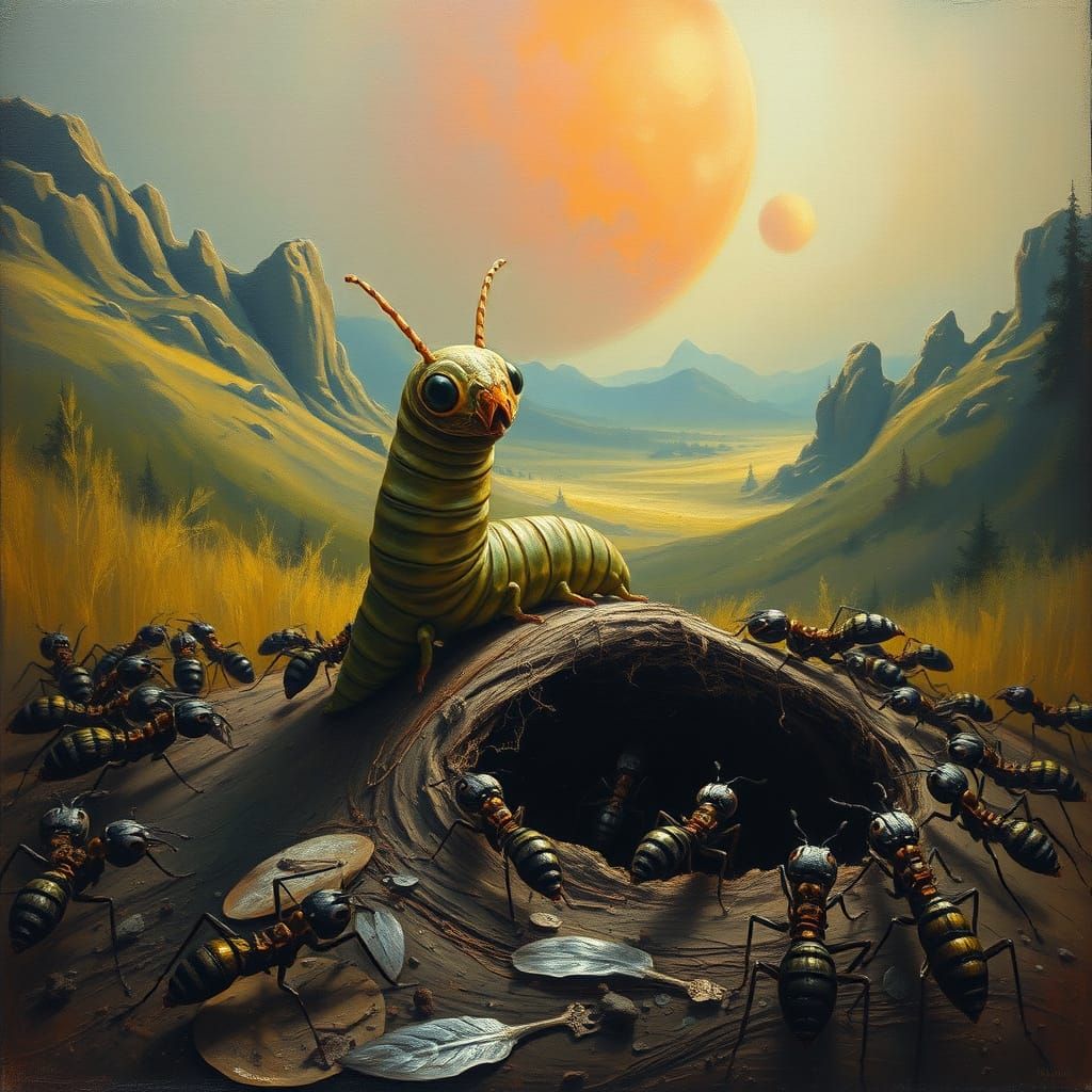 Caterpillar on Ant Nest: Photorealistic Surrealism