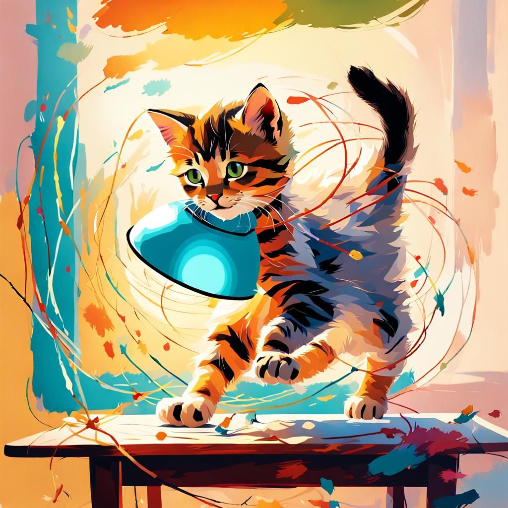 Kitten's Lampshade Leap: Impressionist Digital Art