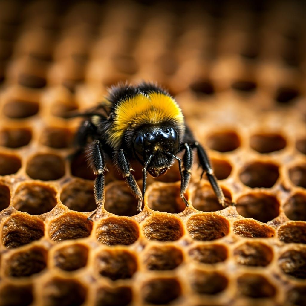 Sleeping Bumblebee in Beehive Close-Up