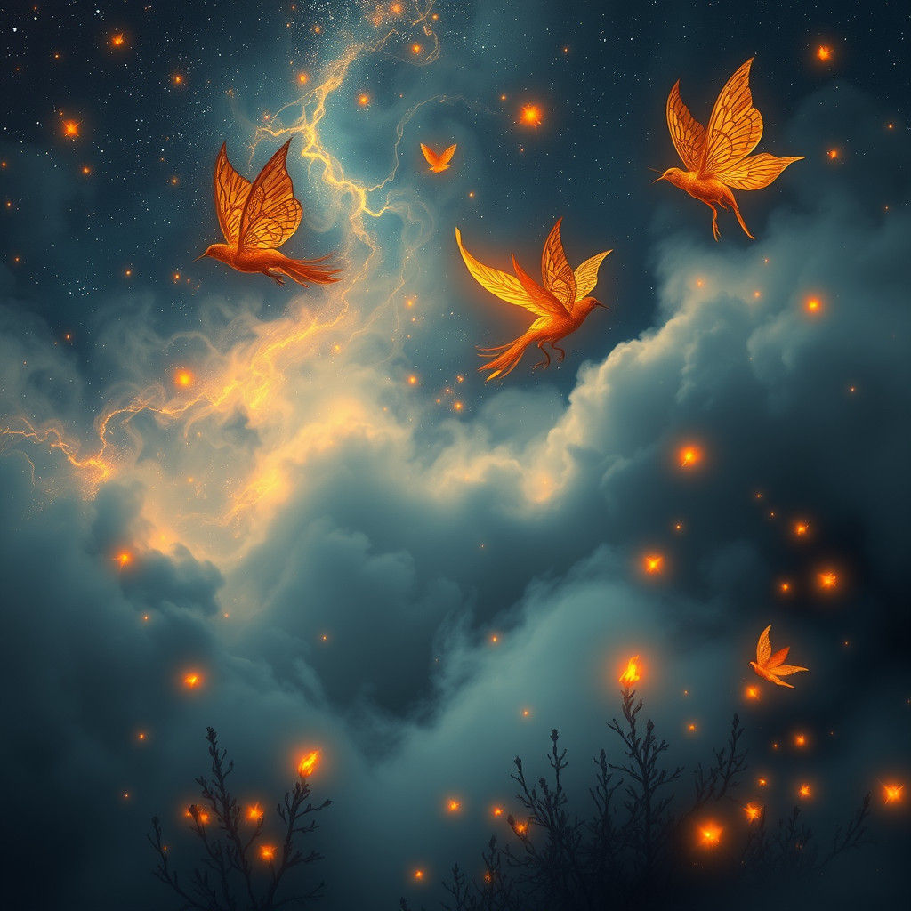Fiery Silhouettes: Fairy Birds and Animals in Starry Night
