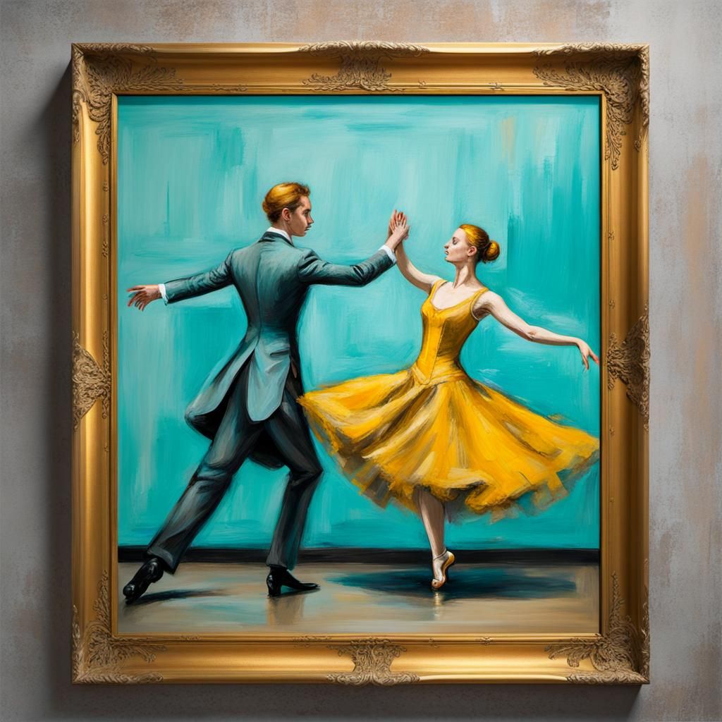 Vibrant 1700s Ballroom Dance in Cyan, Grey, Yellow