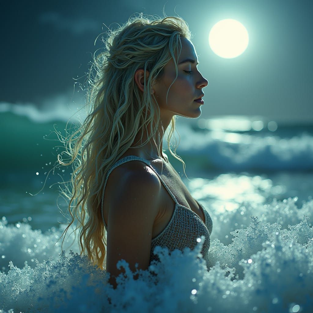 Goddess Emerges from the Ocean in Hyperrealistic Style