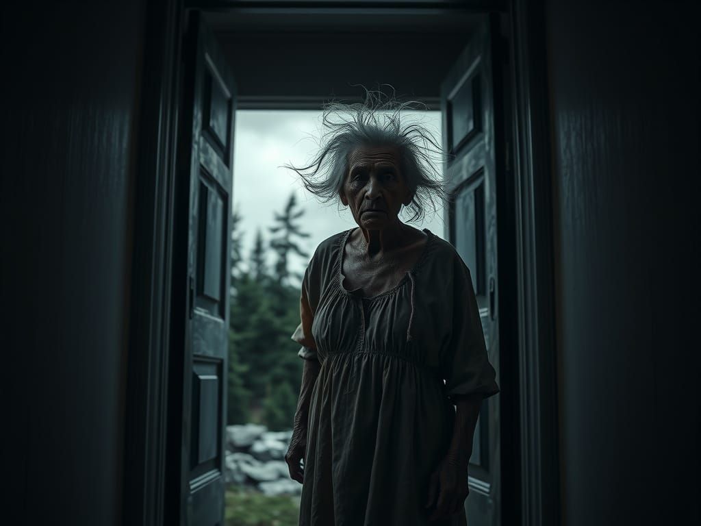 Dramatic Image of an Old Woman at Doorway