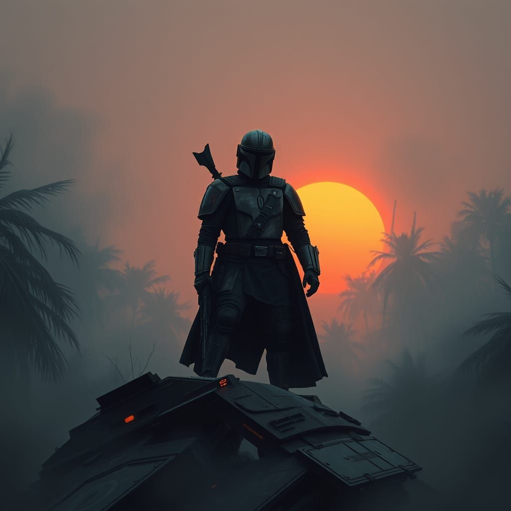 Mandalorian Warrior Stands atop Forgotten Republic Gunship i...