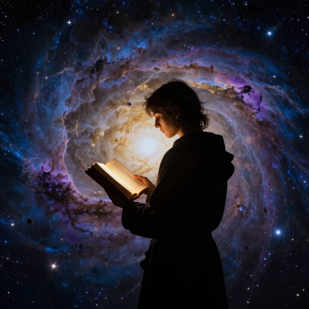 Cosmic Contemplation: Figure Gazing at Glowing Tome