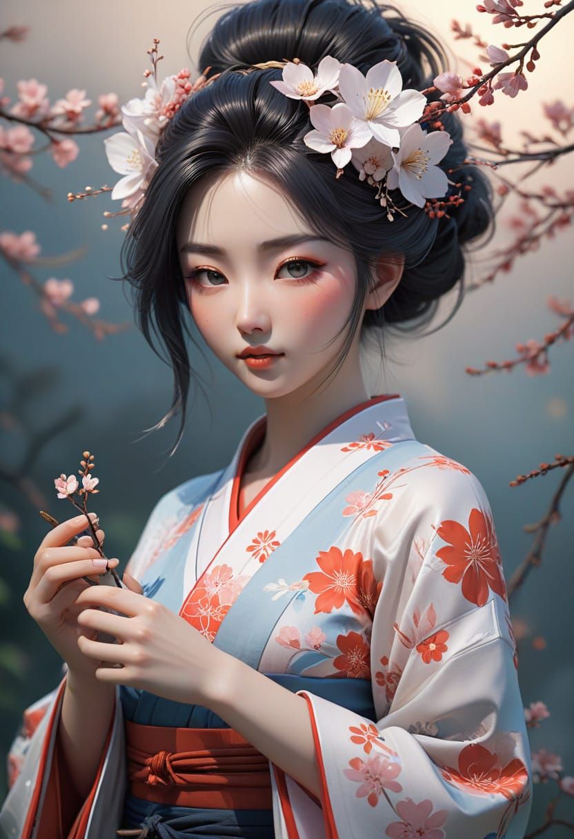Gentle Goddess in Soft Focus, Traditional Japanese Attire