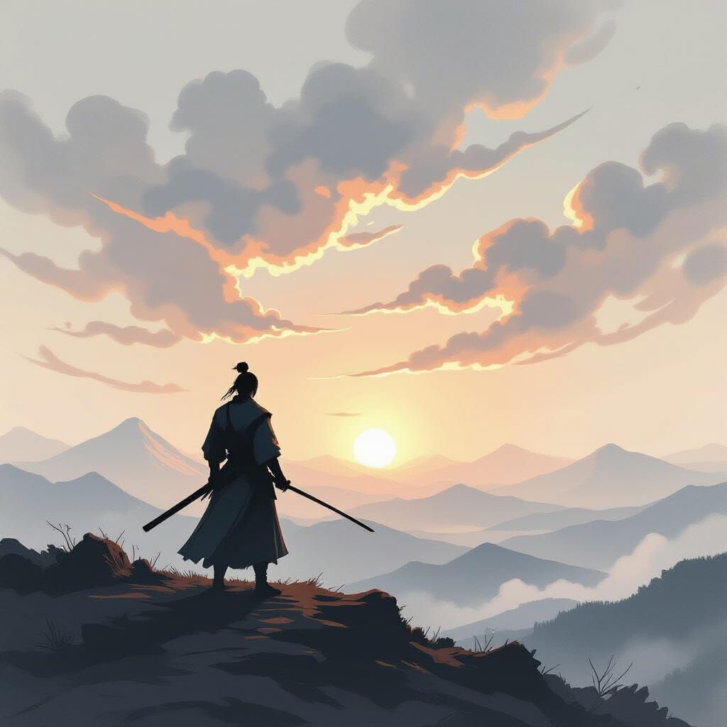 Samurai Contemplating Dawn Landscape in Ink Wash Style